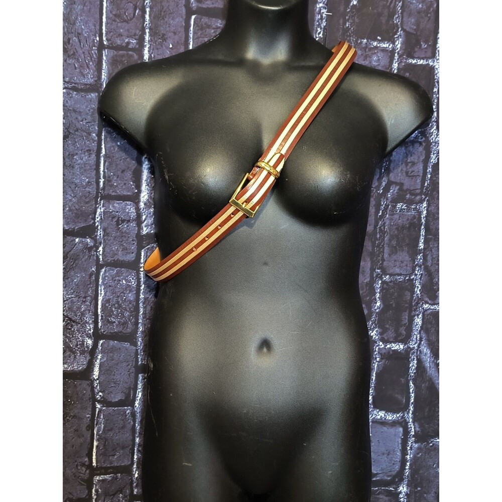 Vintage Bobby Jones Genuine Leather Men Belt 38 Brown Tan Striped Golden Buckle